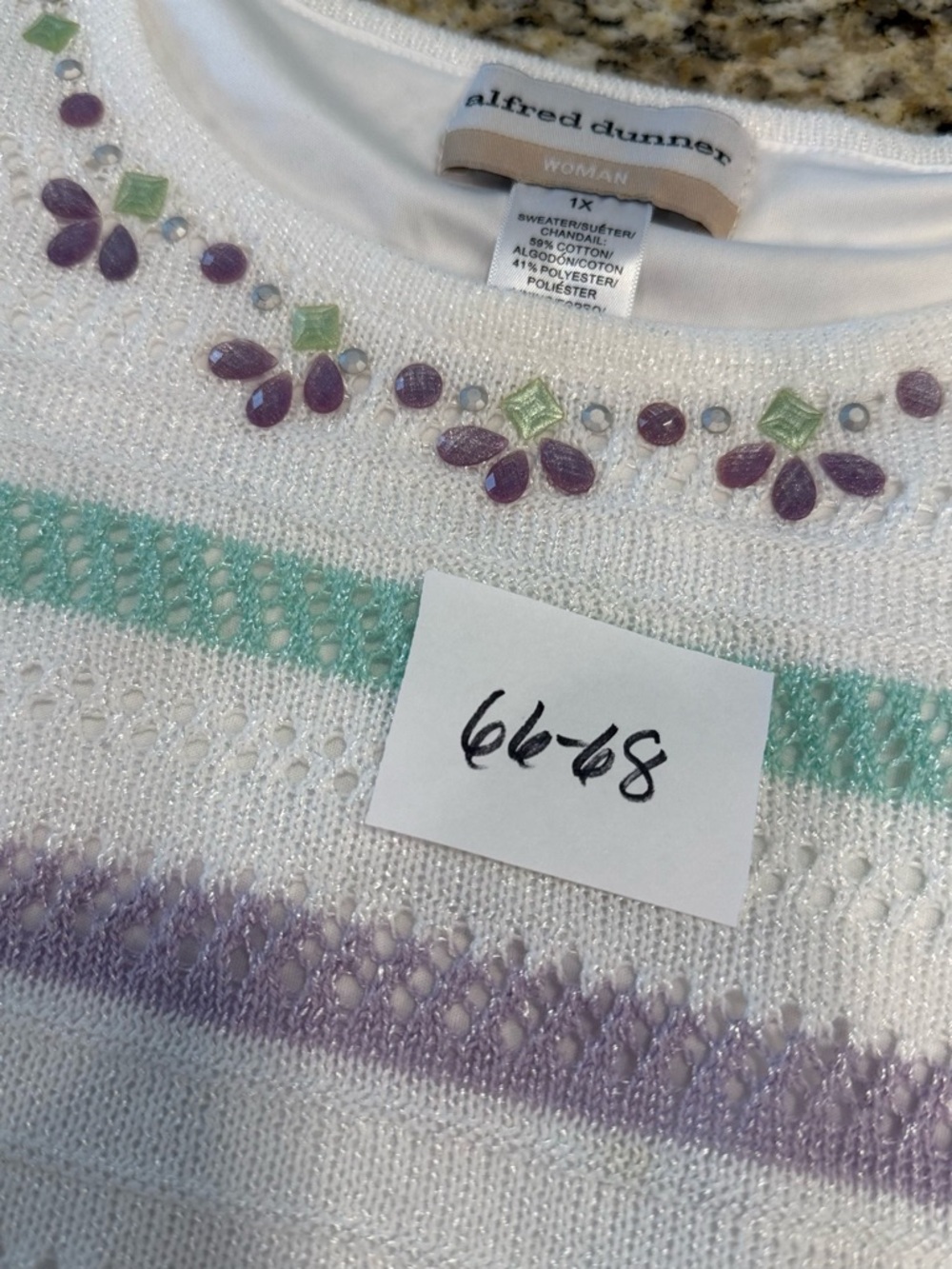 Alfred Dunner crochet knit sweater beaded pastel stripes SZ 1X - Picture 10 of 11